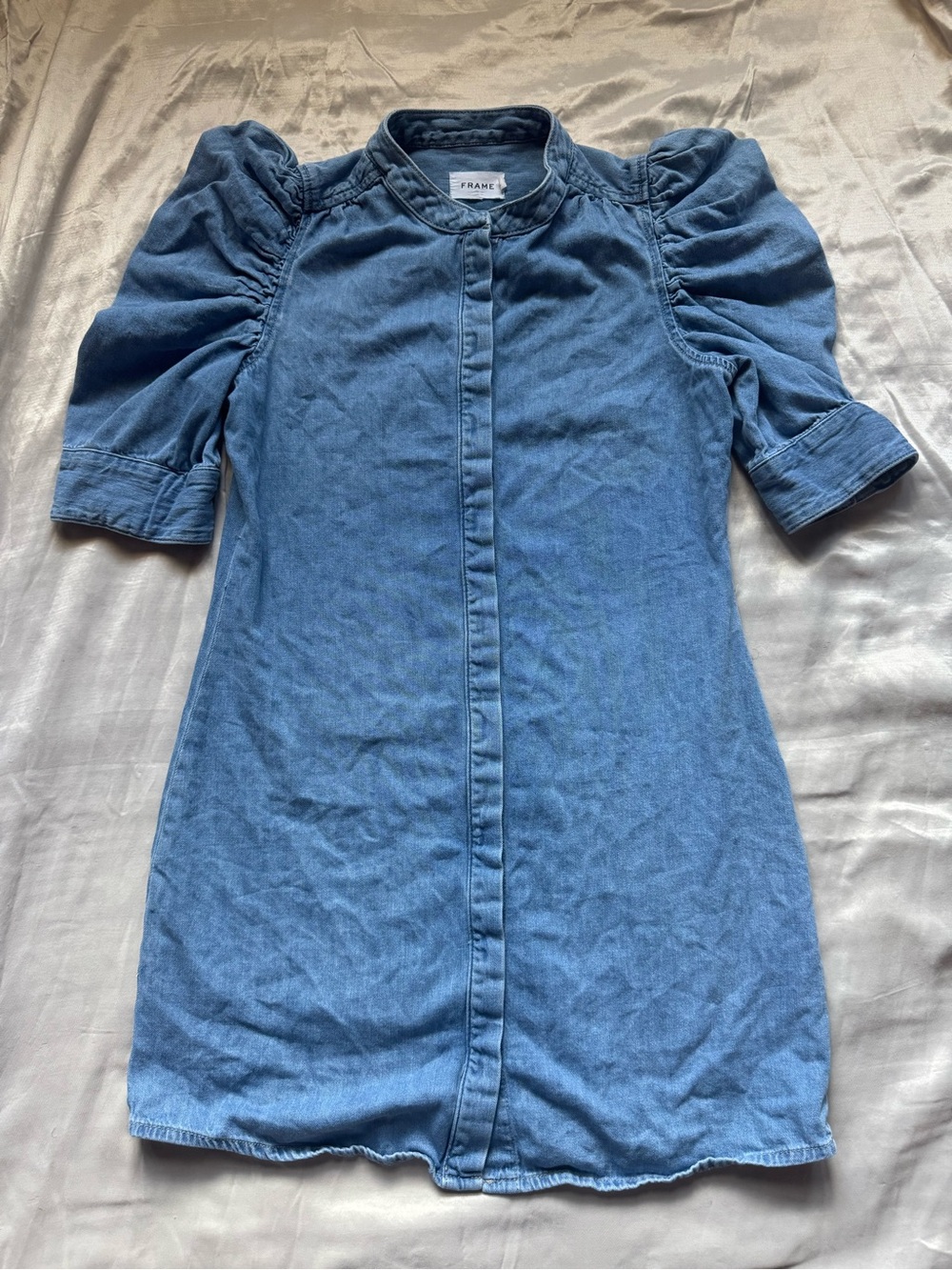 Frame Denim Light Blue Puff-Sleeve Mini Dress